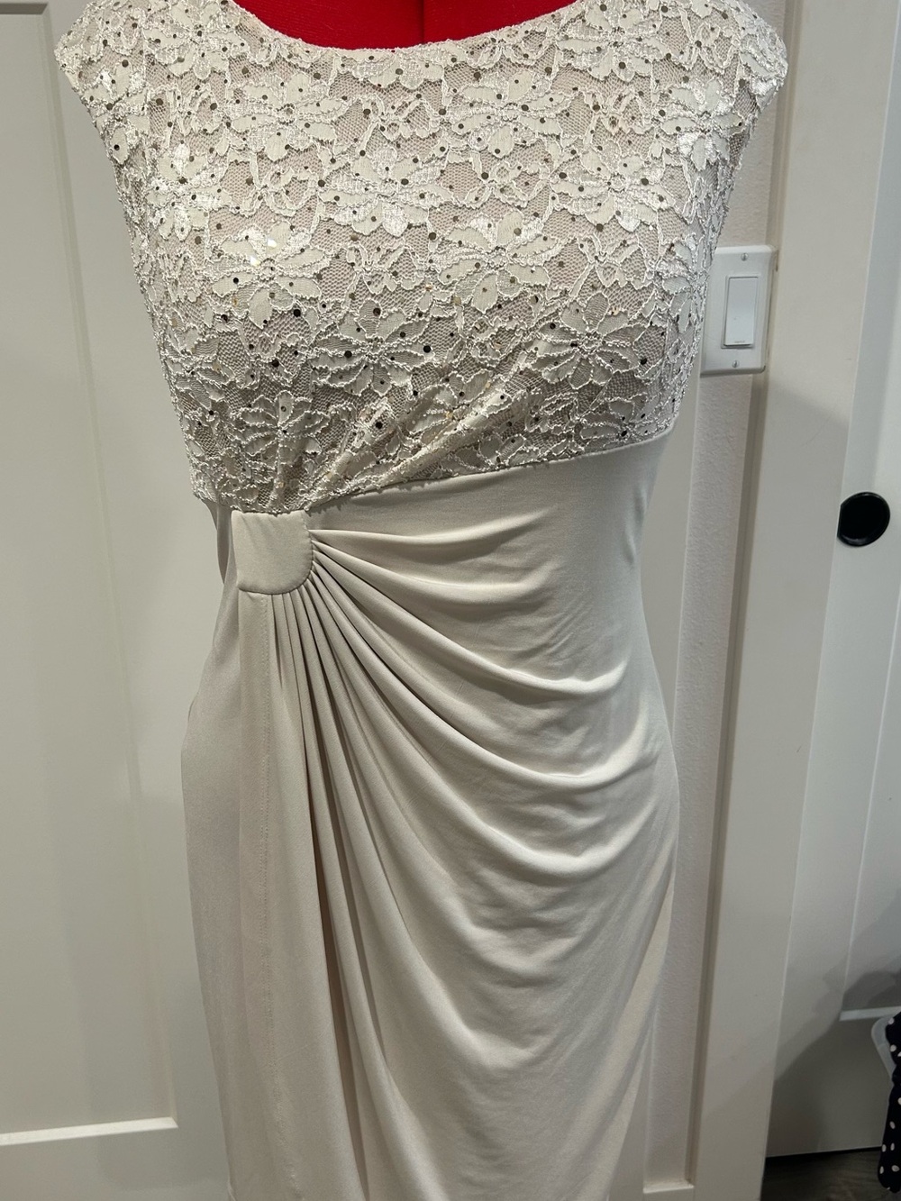 connected apparel Cream Lace-Sequined Top Midi Dress with Side Pleated Detail